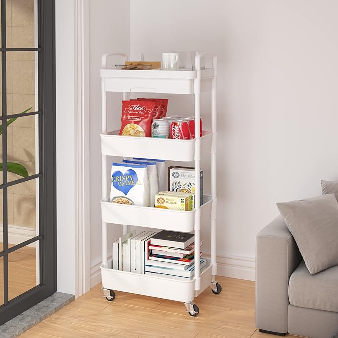 Calmootey 4-Tier Rolling Utility Cart with Drawer,Multifunctional Storage Organizer with Plastic Shelf & Metal Wheel,Storage Cart for Kitchen,Bathroom,Living Room,Office,White-NeatNest