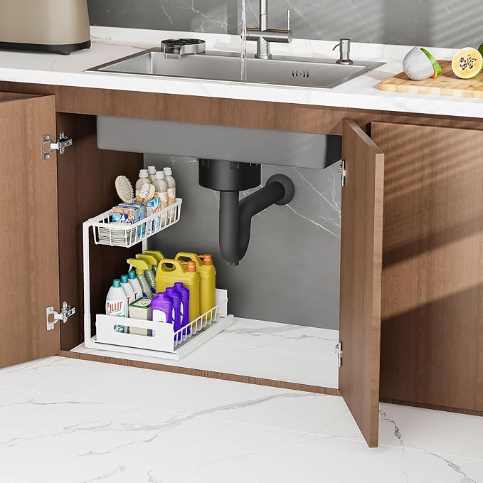 Under Sink Organizers and Storage 2 Tier Slide Out Kitchen Cabinet Organizer Sturdy Metal Bathroom Storage (White, 1 Pack)-NeatNest