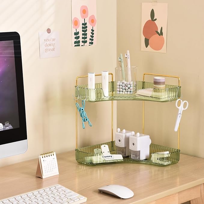 2 Tier Plastic Bathroom Counter Organizer with Hooks,Corner Vanity Tray and Makeup Storage Shelf for Sink, Countertop (Green Gold)-NeatNest