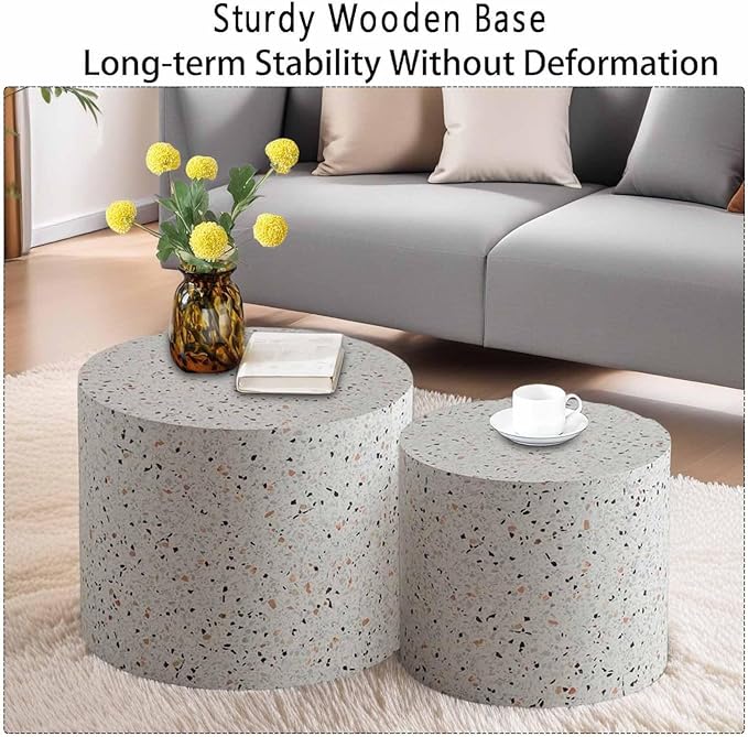 Modern Round Wooden Nesting Circle Coffee Table Set of 2 with Non-Slip Feet, Accent Side End Table, Saving Space Design and No Need Assembly,A