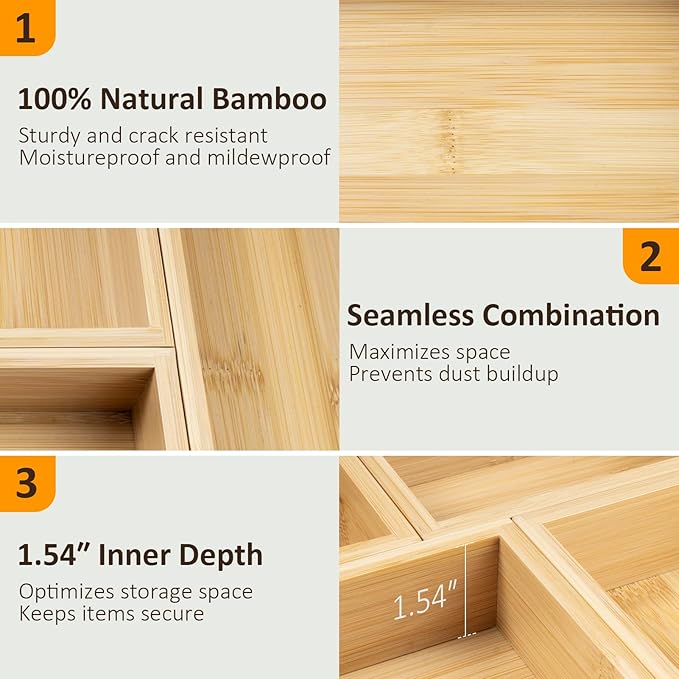 Bamboo Drawer Organizer Set, 5-PCS Adjustable Kitchen & Office Drawer Organizers, Multipurpose Storage Trays for Utensils, Makeup, Jewelry, Bathroom & Desk Accessories-NeatNest