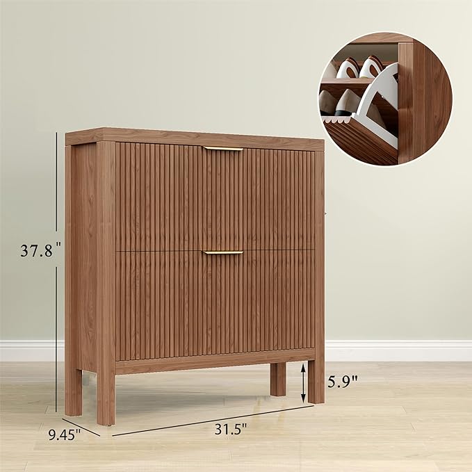 Modern 2-Tier Flip Drawer Shoe Cabinet, Freestanding Hidden Slim Narrow Shoe Rack Cabinet, Wooden Large Capacity Shoe Storage Cabinet Shoe Organizer, for Entryway, Hallway, Walnut X2-NeatNest