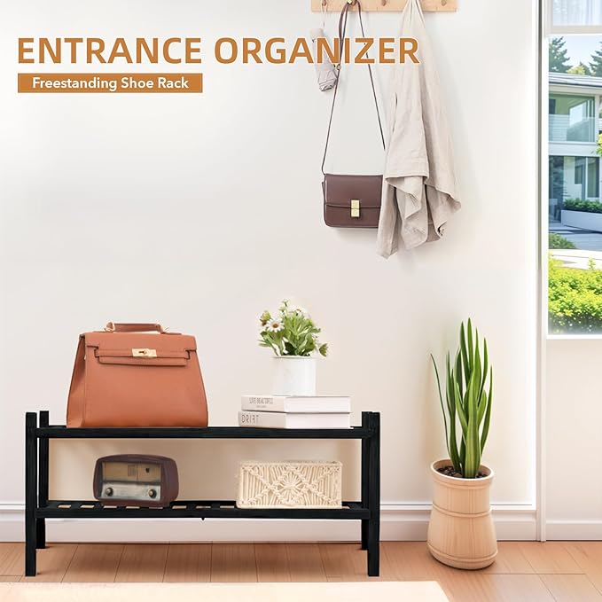 2 Tier Bamboo Shoe Rack Storage Organizer for Closet, Multifunctional Stackable Free Standing Shoe Shelf Organizer for Small Space,Entryway,Hallway,Bathroom 27"x11"x13" (Black, 2 Tier)-NeatNest