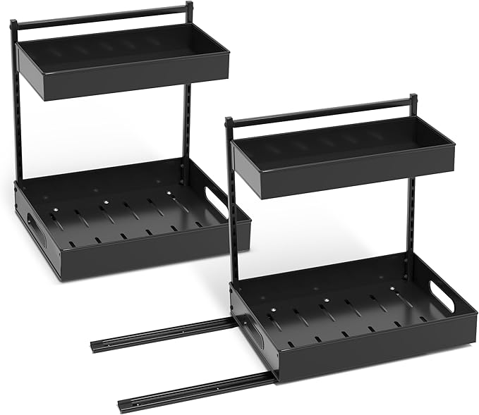 Sorbus Under Sink Organizer with Sliding Tracks – Pull Out Cabinet Organizer with Drawer & Installation Rails – Under Cabinet Bathroom Storage Organizer for Kitchen, Pantry, or Vanity –Black 2 Pack-NeatNest