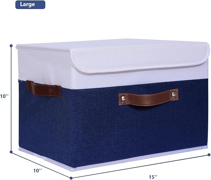 ANMINY 4PCS Storage Boxes with Lid Washable Decorative Storage Bin Basket with PU Leather Handle Foldable Linen Fabric Storage Cube Container for Home Closet Organizer - Deep Blue White, Large Size-NeatNest