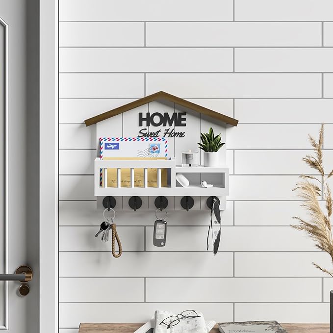 Key and Mail Holder for Wall, Wall Key Holder with Shelf, Home Key Holder for Wall, Wood Key Holder Wall Mount, Mail Organizer Wall Mounted, Entryway & Front Door Key Holder with 5 Hooks(White)
