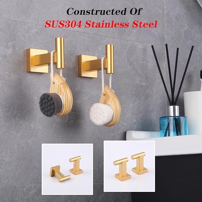 GERZWY Wall Mounted Towel Hook Heavy Duty Robe Coat Hook Luxury Hooks for Bathroom 2 Pack Gold Stainless Steel DG1407-BE