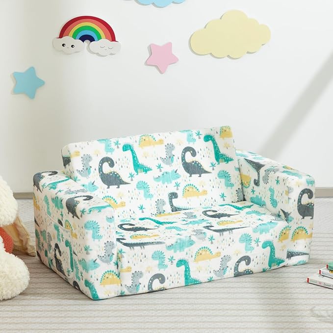 ALIMORDEN Fold Out Toddler Couch, Extra Wide Comfy 2-in-1 Cuddly Sherpa Sofa for Kids, with Removable Baby Friendly Blanket, Convertible Sofa to Bed, Dinosaur-NeatNest
