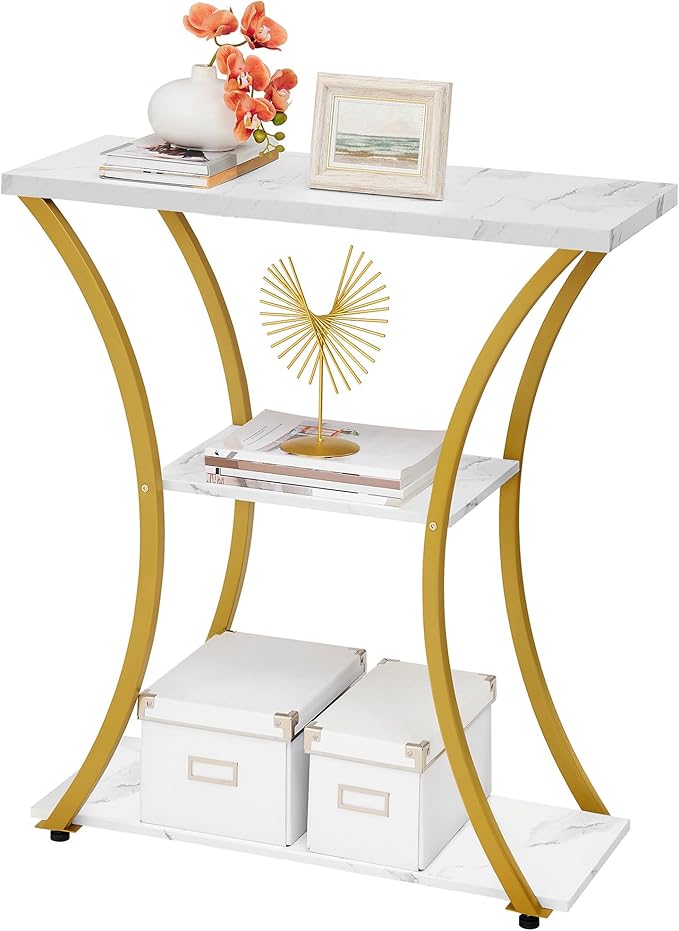 Hoctieon 3 Tier Console Table with Open Wood Shelves, Decorative Entryway Table with Curved Metal Frames, Narrow Sofa Table for Entrance, Living Room, Hallway, Gold and White Marbled-NeatNest