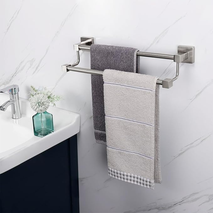 TocTen Double Bath Towel Bar - Thicken SUS304 Stainless Steel Towel Rack for Bathroom, Bathroom Accessories Double Towel Rod Heavy Duty Wall Mounted Square Towel Holder(Brushed Nickel, 16 INCH)