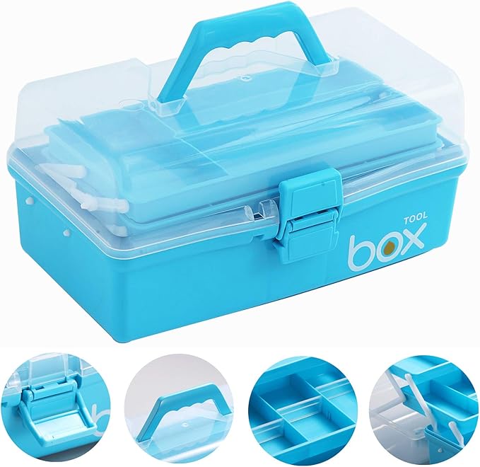 12'' Three-Layer Clear Art Box Organizer, Multipurpose Plastic Craft Box with Handle (Blue)