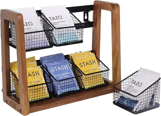 HTB 2 Tier Tea Organizer for Tea Bags, Tea Bag Holder with Acacia Wood Stand and 6 Removable Metal Basket for Sugar Packets, Sweeteners, Creamers for Cabinet, Countertop or Wall-mounted-NeatNest