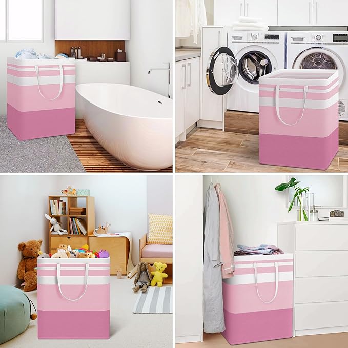HomeHacks 2 Pack Large Laundry Baskets, Waterproof, Freestanding Laundry Hampers, Collapsible Clothes Hamper with Reinforced Handles in Laundry, College Dorm, Bathroom, Bedroom (Pink, 125Lx2)-NeatNest