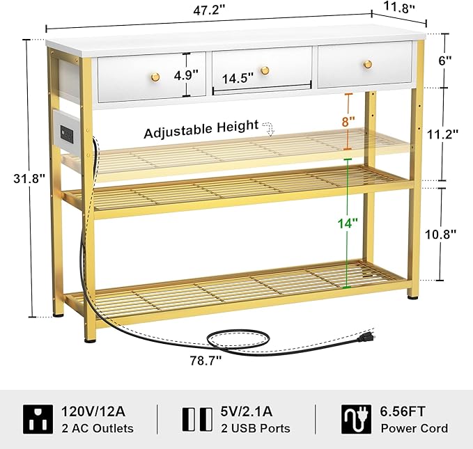 Ecoprsio 47'' Entryway Table with Outlets and USB Ports, Console Table with 3 Drawers, Sofa Table Narrow Long with Storage Shelves for Living Room, Couch, Hallway, Foyer, White and Golden-NeatNest