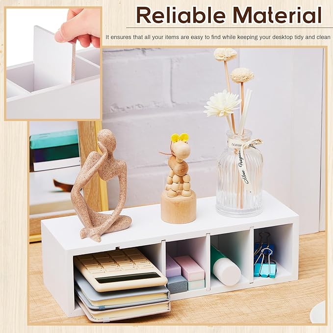 Jetec Wooden Pencil Holder 5 Compartments for Desk Adjustable Pen Holder Wood Office Desk Organizers and Accessories Makeup Brush Organizer for Pen, Home, Office and Art Supplies (White)-NeatNest