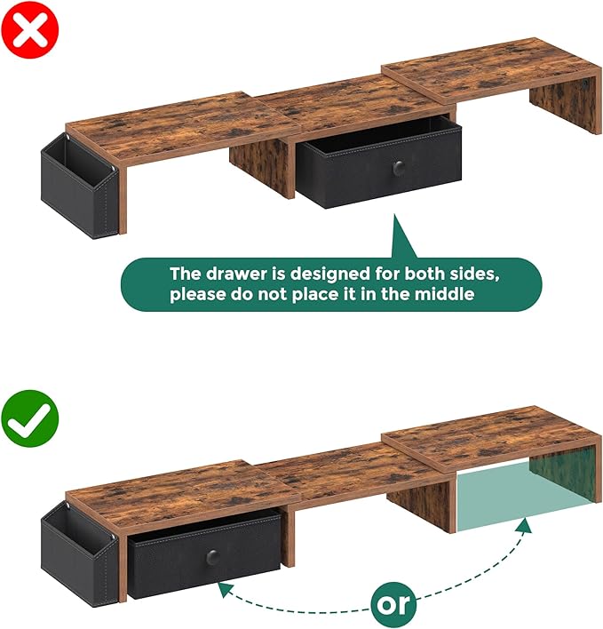 Dual Monitor Stand Riser, Adjustable Length & Swivel Angle Monitor Stand, Ergonomic Monitor Stand with Drawer & Side Pockets, Desktop Organizer and Office Desk Accessories, Rustic Brown