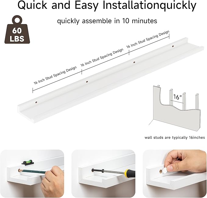 Floating Picture Ledge Shelves for Wall Set of 2, 55 Inches Picture Shelf with Ledge, Nursery Book Shelf for Toys Storage Kids Bookshelf Wall Mounted Living Room Bedroom Decor Frames, White-NeatNest