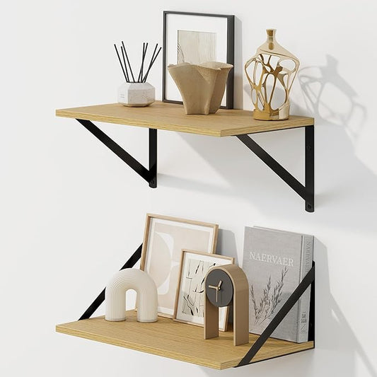 Fun Memories Deep Floating Shelves for Wall, 16W x 8D Wall Mounted Shelves Set of 2, Wide Display Ledge Shelf with Sturdy Metal Brackets for Living Room, Bathroom, Bedroom and Kitchen, Oak-NeatNest
