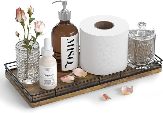 Bathroom Toilet Tank Tray, 13" Wood Storage Basket Back of Toilet Basket Organizer, Vanity Tray for Perfume Makeup Candle Kitchen Counter Coffee Table Bar Decor Rustic-NeatNest
