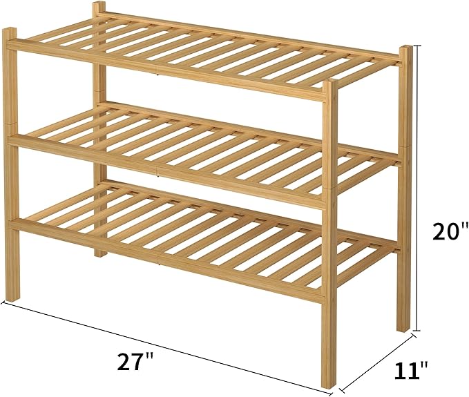 3 Tier Bamboo Shoe Rack for Closet Free Standing Wood Shoe Shelf Storage Organizer for Entryway Small Space Stackable 27"x11"x20" (Natural)-NeatNest