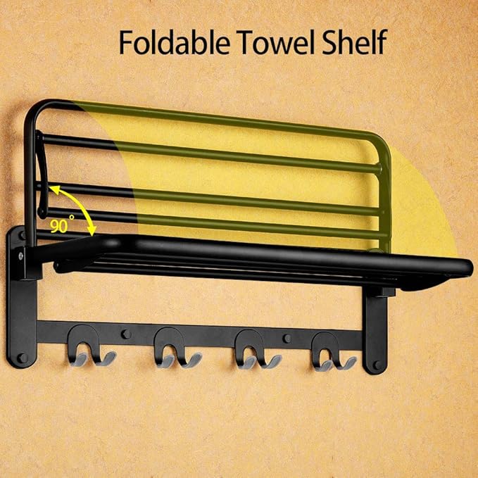 HOONEX Foldable Towel Rack for Bathroom Wall Mounted, with Towel Hooks and Adjustable Towel Bar, 304 Stainless Towel Holder, 24-Inch Bathroom Towel Shelf, Black