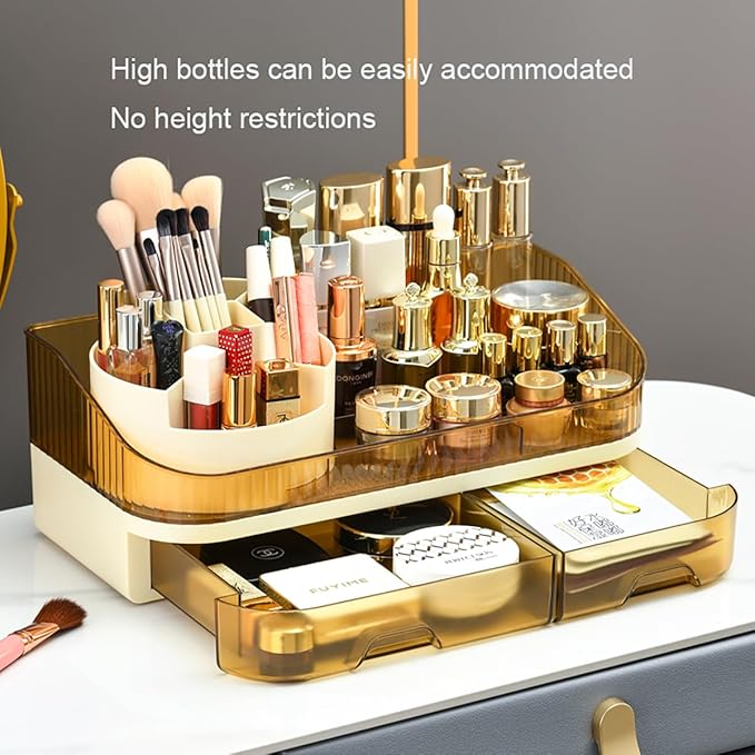 Makeup Organizer Countertop - Dual Drawer Cosmetic Storage with Spacious Compartments for Vanity, Holds 20 Brushes, 12 Lipsticks, 10 Skincare Bottles, Chic Modern Design