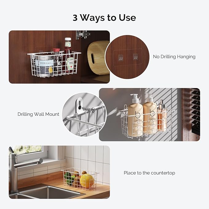 MaraFansie Hanging Kitchen Baskets Wire Storage Basket Adhesive and Screws Basket Over the Cabinet Door Organizer with Adhesive Strips and Screws Accessories, 4 Pack, White