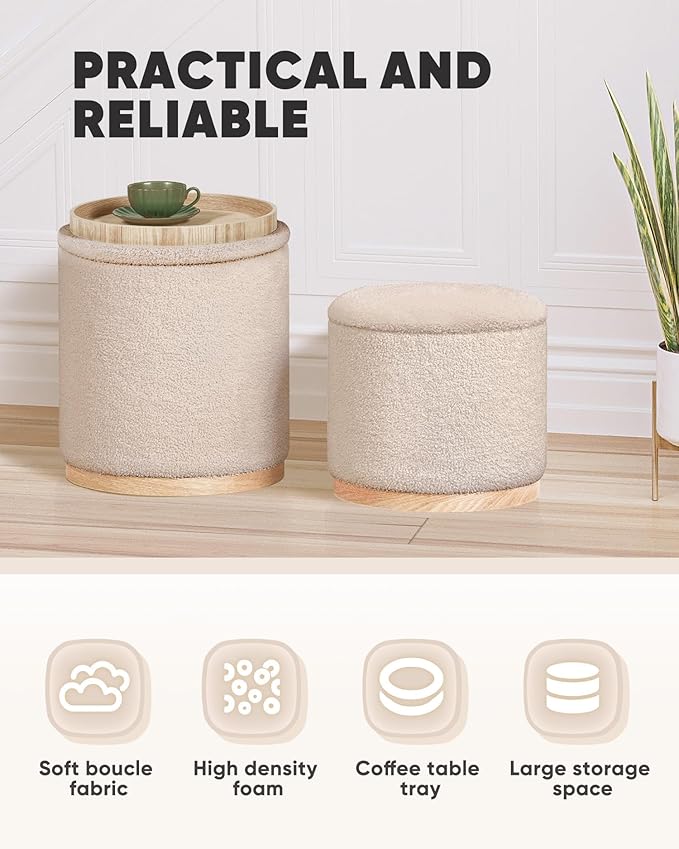 B FSOBEIIALEO Storage Ottoman Round Boucle Ottomans with Tray, Set of 2 Teddy Foot Rest Ottoman Cube with Storage for Living Room , Apricot 15"x15"x16.9"