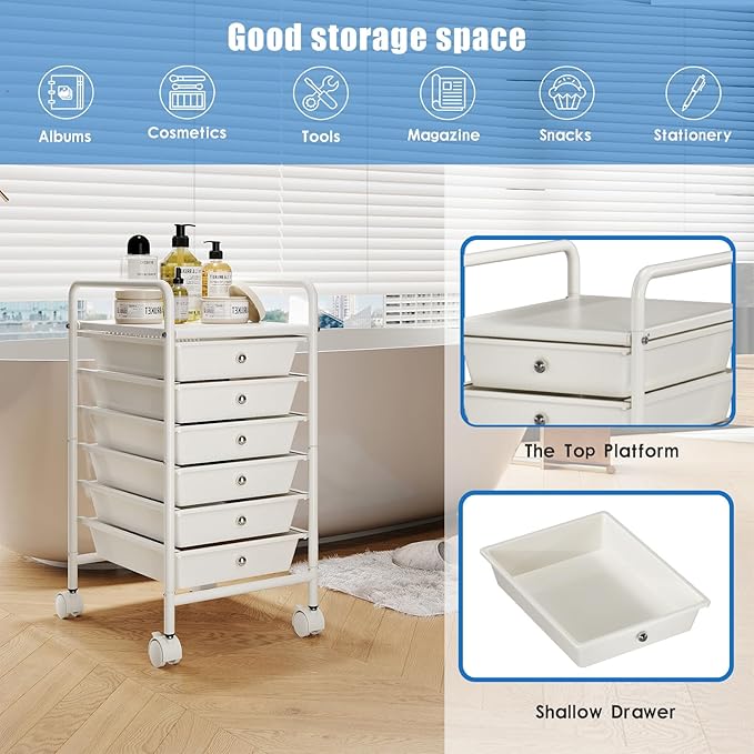 6-Tier Utility Cart with 6 Drawers, Rolling Utility Cart with 2 Lockable Caster Wheels, Multipurpose Mobile Rolling Drawer Cart for Office Bathroom Kitchen, Ivory White