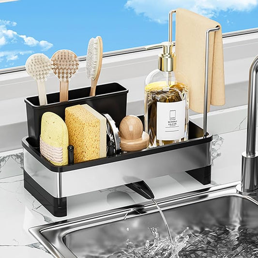 Sponge Holder for Kitchen Sink,Sink Caddy Organizer with Removable Brush Holder,Kitchen Countertop Soap Dispenser Storage with Detachable Towel Rack,Black-NeatNest