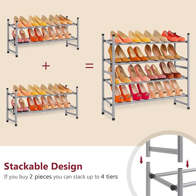 Tajsoon 2 Tier Expandable Shoe Rack for Closet, 28“-41“Adjustable & Stackable Shoe Shelf Storage, Metal Shoe Rack Organizer for Front Door Entrance, Closet, Garage, Entryway, Grey-NeatNest