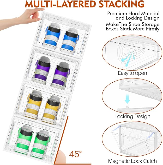 10 Pack Thicken Shoe Organizer Stackable,Upgraded Sturdy Shoe Storage Box with Magnetic Door,Shoe Containers For Sneaker Display,Hat Organizer,White-NeatNest