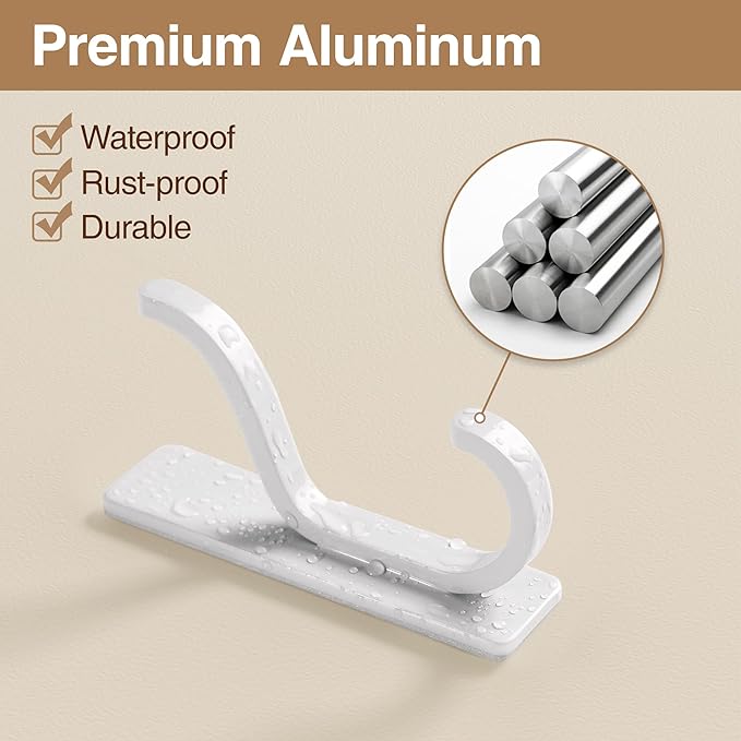 10-Pack Self Adhesive Wall Hooks for Hanging - 13 LB Strong Hold, Sticky Hangers for Coat, Towel, Purse, Keys, Bag - for Wall, Door, Bathroom, Shower, Dorm, Kitchen - Stainless Metal, White