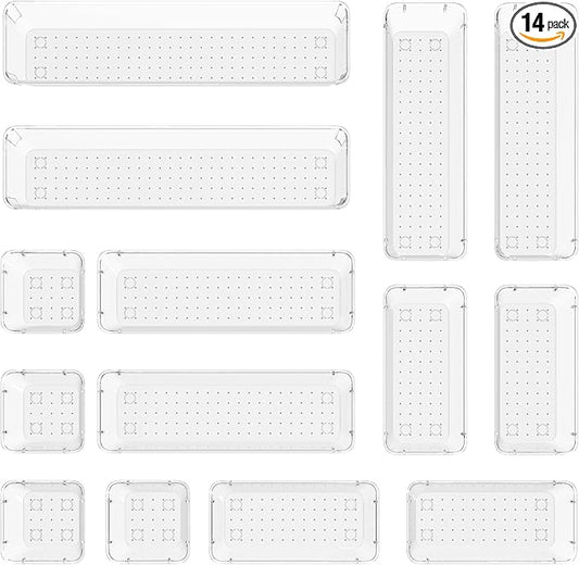 14-Piece Modular acrylic clear drawer dividers and storage bins- 4-Size Clear plastic Drawer Organizer Trays for Vanity,Dresser, Bathroom, Kitchen, Office Gadgets Utensils-NeatNest