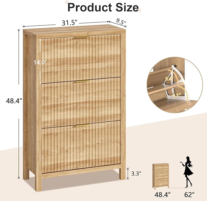 Shoe Cabinet Storage for Entryway, Fluted Shoe Cabinet with 3 Flip Drawers, Hidden Shoe Rack Tall Freestanding Shoe Organizer with Legs for Hallway, Wood-NeatNest