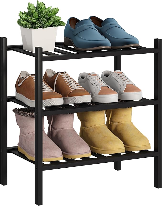 BMOSU 3-Tier Bamboo Small Shoe Rack Premium Stackable Shoe Shelf Storage Organizer for Hallway Closet Living Room Entryway Organizer (Black Bamboo)-NeatNest