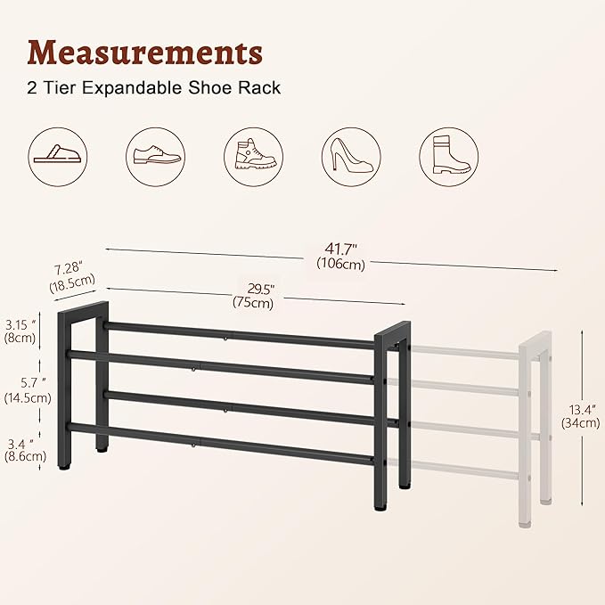 FAVOOSTY 2-Tier Expandable Shoe Rack, Adjustable Shoe Shelf Storage Organizer Space Saving Metal Free Standing Shoe Rack for Entryway Closet Doorway, Black-NeatNest
