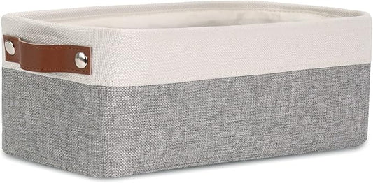 DULLEMELO Fabric Bathroom Storage Bin with Leather Handles, Narrow Organizer for Towels, Toilet Paper Rolls, Storage Basket for Back of Toilet, Vanities, Shelves & Cabinets (White&Gray)-NeatNest