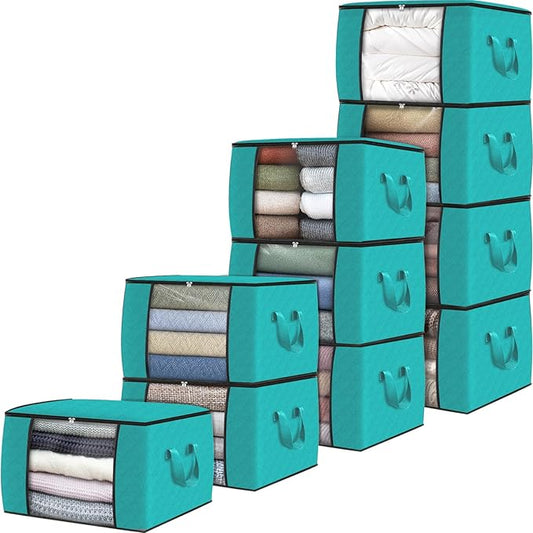 Fab totes 10 Pack Clothes Storage, Foldable Thick Fabric Blanket Storage Bags, Containers for Organizing Bedroom, Closet, Clothing, Comforter,Closet Organization with Handle,Green-NeatNest