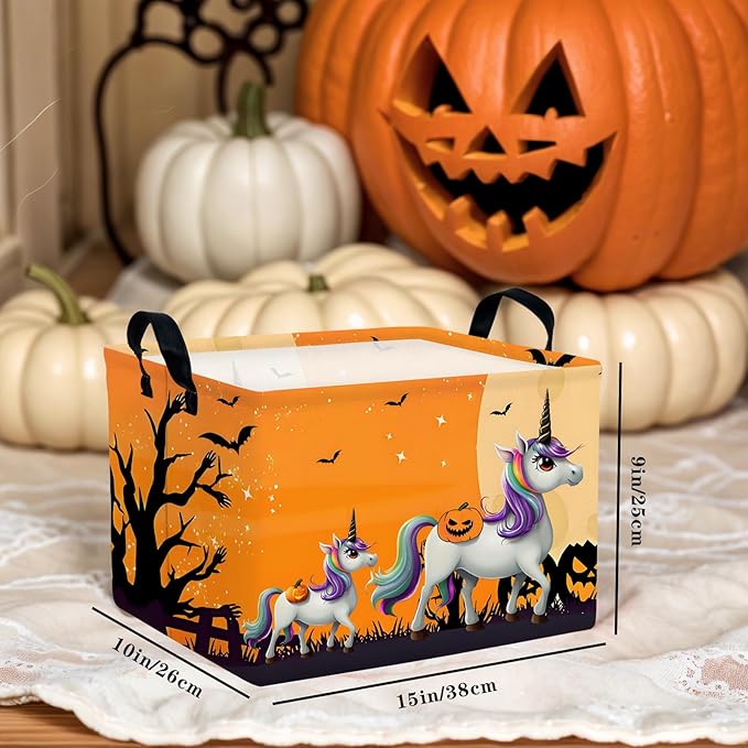 Halloween Basket Gift Cute Pumpkin Ghost Parties Decor Kid Trick or Treat Basket for Boys and Girls Rectangular Storage Bin Box (Unicorn Bat)-NeatNest
