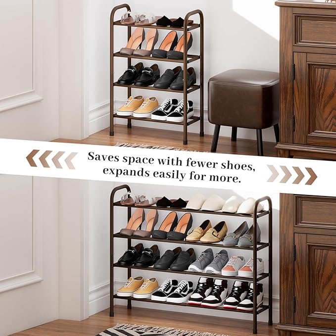 Expandable Shoe Rack, Adjustable Shoes Organizer Metal, Space-Saving Storage Shelf for Closet, Entryway, Front Door & Hallway,Sturdy and Easy Assembly (Brown, 4-Tier)