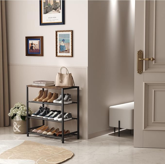 HOMEFORT 4-Tier Shoe Rack Organizer, Shoe Tower for Closet, Shoe Storage Shelf with MDF Top Board, Each Tier Fits 3 Pairs of Shoes, Entryway Shoes Organizer with Sturdy Metal Shelves, Rustic Brown-NeatNest