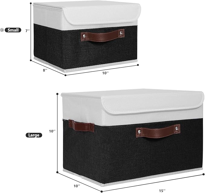 ANMINY 2PCS Storage Boxes with Lid Washable Decorative Storage Bins Basket with PU Leather Handle Foldable Linen Fabric Storage Cubes Containers for Home Closet Organizer - Black White, Small Size-NeatNest