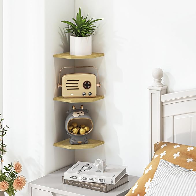 Corner Shelf Wall Mount, Floating Corner Shelves, Set of 3 Corner Wall Shelf Organizer, Rustic Wood Wall Storage Display Shelves for Living Room Bedroom Bathroom Kitchen, Rustic Brown, Oak-NeatNest
