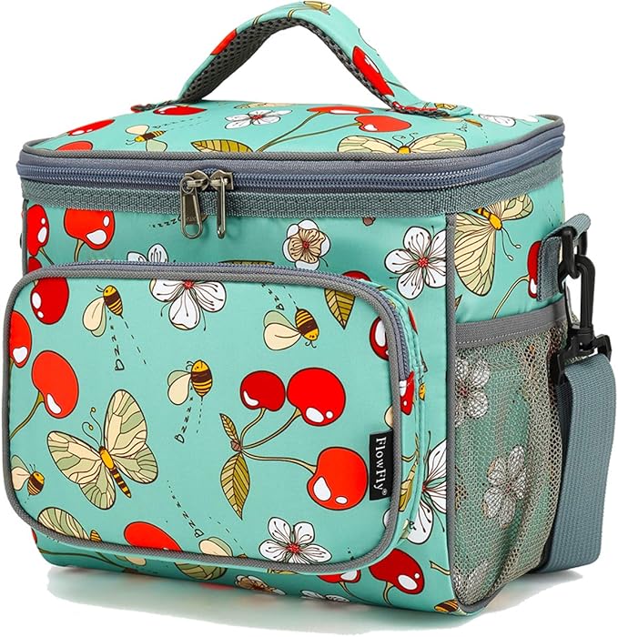 FlowFly Insulated Reusable Lunch Bag Adult Large Lunch Box for Women and Men with Adjustable Shoulder Strap,Front Zipper Pocket and Dual Large Mesh Side Pockets,Cherry-NeatNest