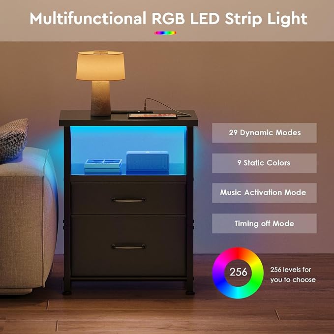 Black Nightstand with Charging Station, LED Night Stand with 2 Fabric Drawers, Side Table with Open Shelf, End Table with Outlets and USB Ports, 2 Drawer Dresser for Bedroom, Easy Assembly-NeatNest