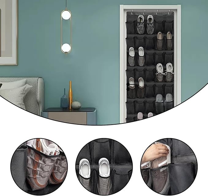 2pcs Black Over the Door Shoe Organizer,each containing 24-Pocket Over Door Shoe Organizer with Mesh Pockets, Over the Door Shoe Holder, Hanging Shoe Rack with total of 8 Metal Hooks-NeatNest