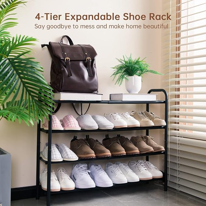 Gonfoam 4-Tier Expandable Shoe Rack,Adjustable Shoe Shelf Storage Organizer Heavy Duty Metal Free Standing Shoe Rack for Entryway Closet Doorway (Black)-NeatNest