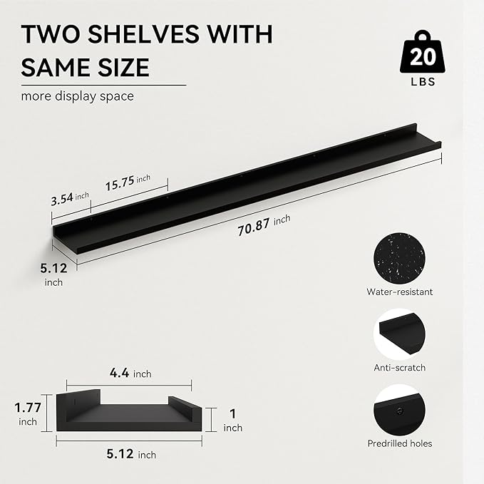 70.9 Inches Long Floating Shelves, 2 Set Modern Wall Shelf for Bedroom, Nursery Book Shelf with Lip, Picture Ledge Shelf for Wall Decor Living Room Bathroom Kitchen - Black-NeatNest