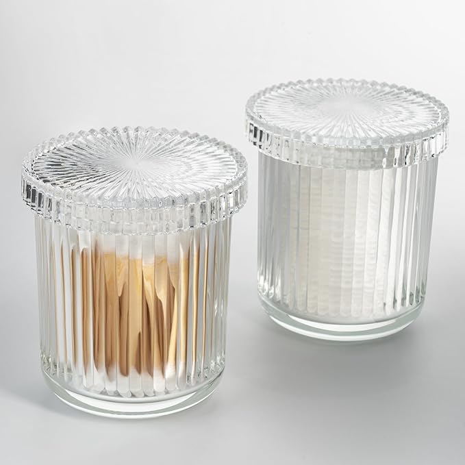 2 Pack Qtip Holders for Bathroom, Clear Glass Apothecary Jars with Lids,Vintage Bathroom Canisters for Cotton Balls,Swabs,Floss Picks,Hair Ties,Vanity Organizer and Storage Decor-NeatNest
